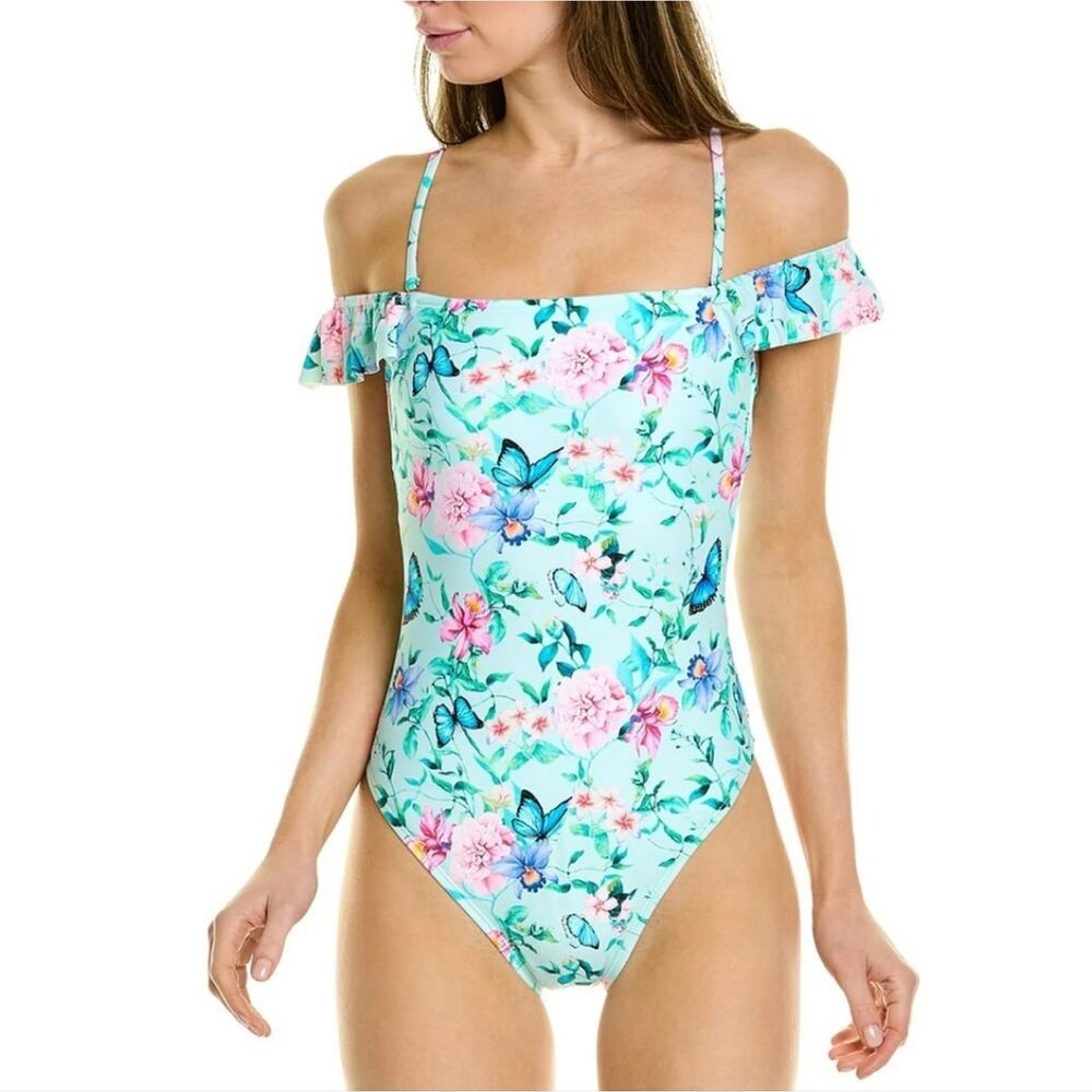 Nanette Lepore One Piece Off Shoulder Swimsuit Turquoise Garden Ruffle 8 10 New!